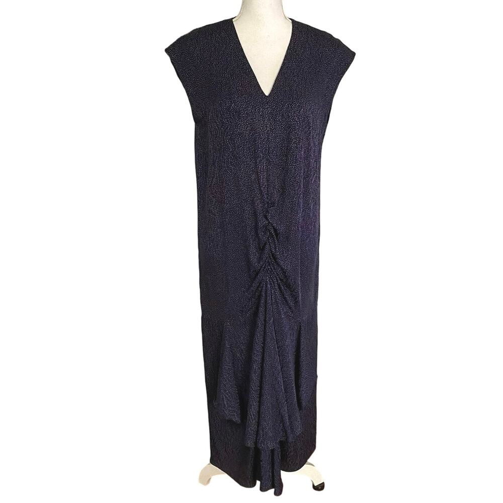 Vintage Nicole Miller Size 8 Dot Print Midi Dress Navy Blue 100% Silk Gathered
